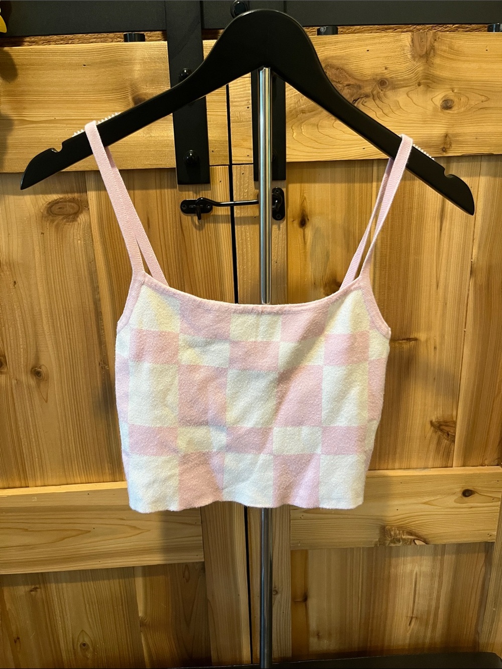 Quiet Storm Pink & Cream Checkerboard Crop Tank with Thin Straps